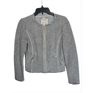 Rebecca Taylor Tweed Jacket Black Gray Pink Zip Crop Blazer Frayed EUC Size 8